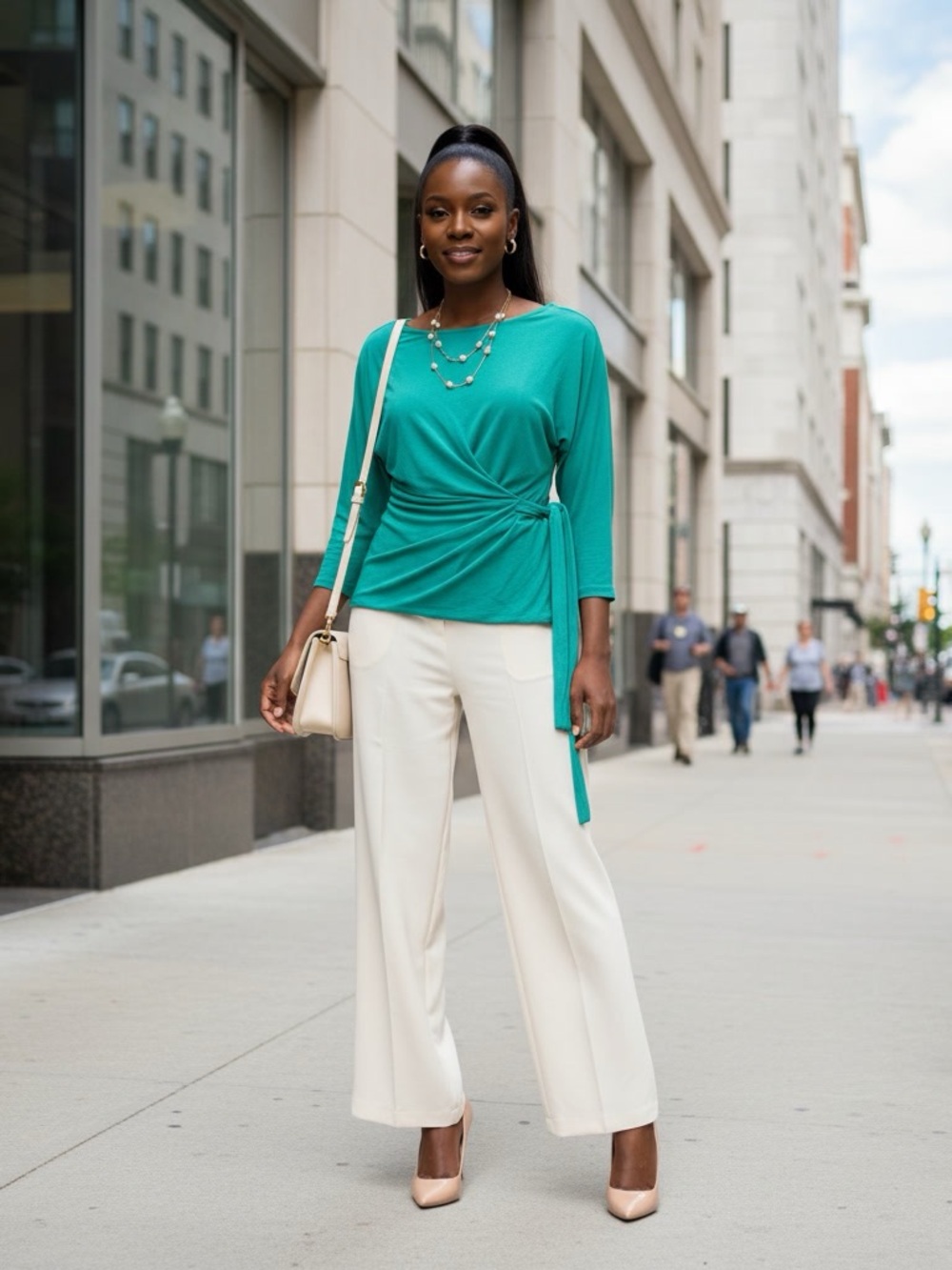 Ann Taylor Emerald Green Faux Wrap Side Tie Blouse Top Small Very Good